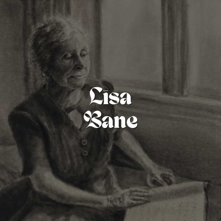 A painting by artist Lisa Bane with artit's name superimposed over the image.